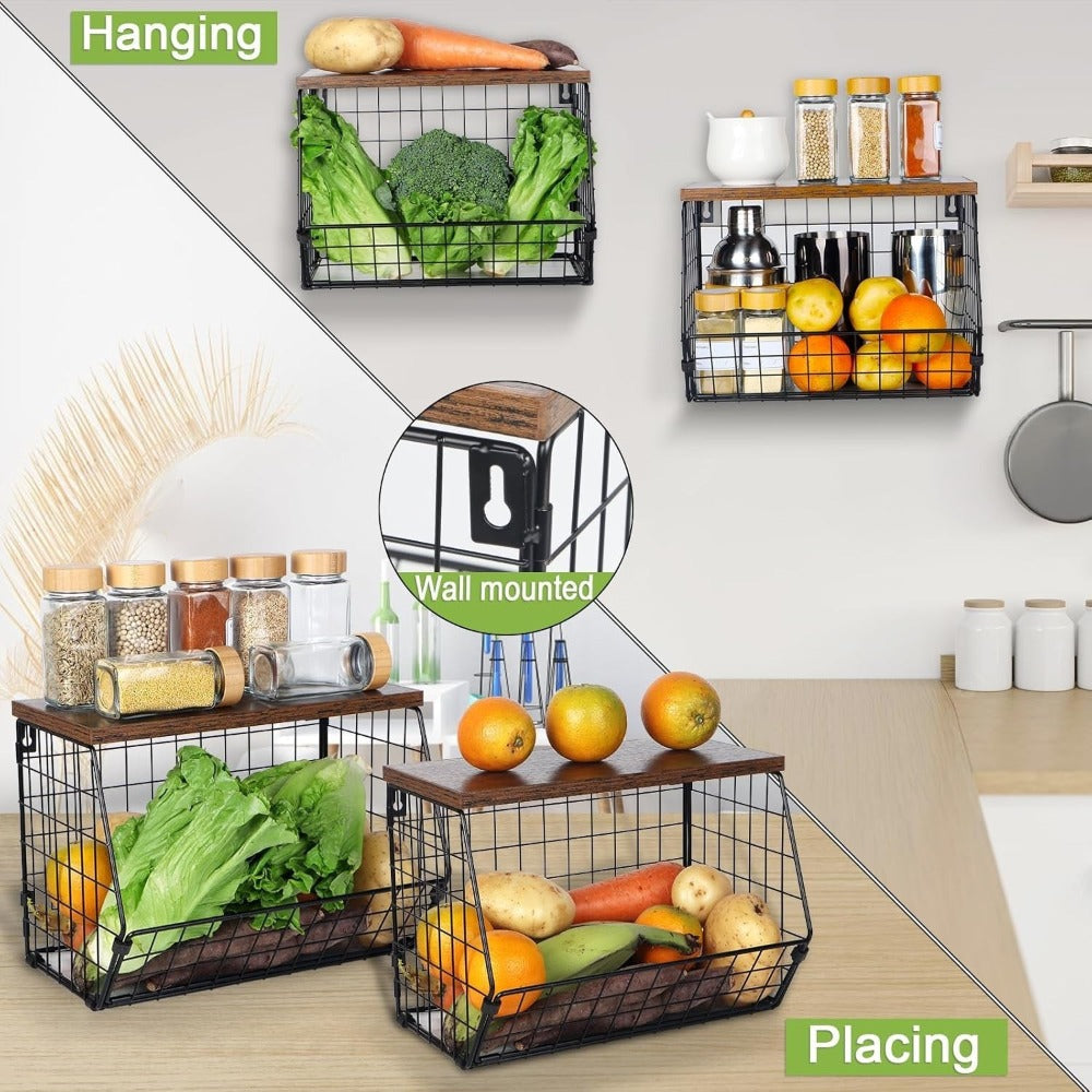 Wall-Mounted Fruit Basket with Wooden Cover - 2-Tier Metal Kitchen Storage Basket with Hooks, Stackable Hanging Organizer for Potatoes Onions Vegetables