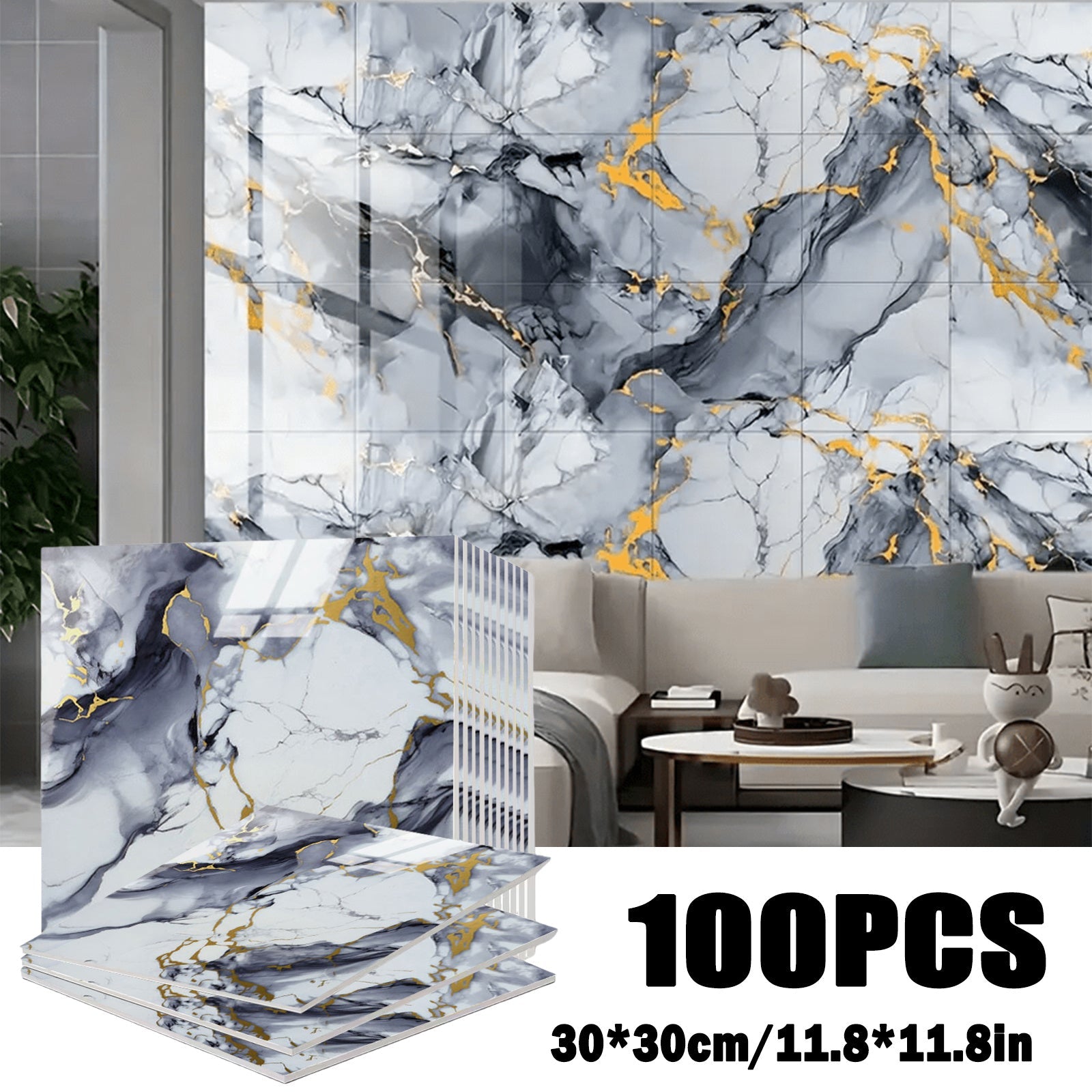 Self-Adhesive Marble Tile Stickers 11.8x11.8in Peel and Stick Wall Tiles for Bathroom Kitchen Backsplash ¨C Waterproof 3D Glossy Imitation Marble Wall Panel, Easy to Install, 50 or 100 Pack