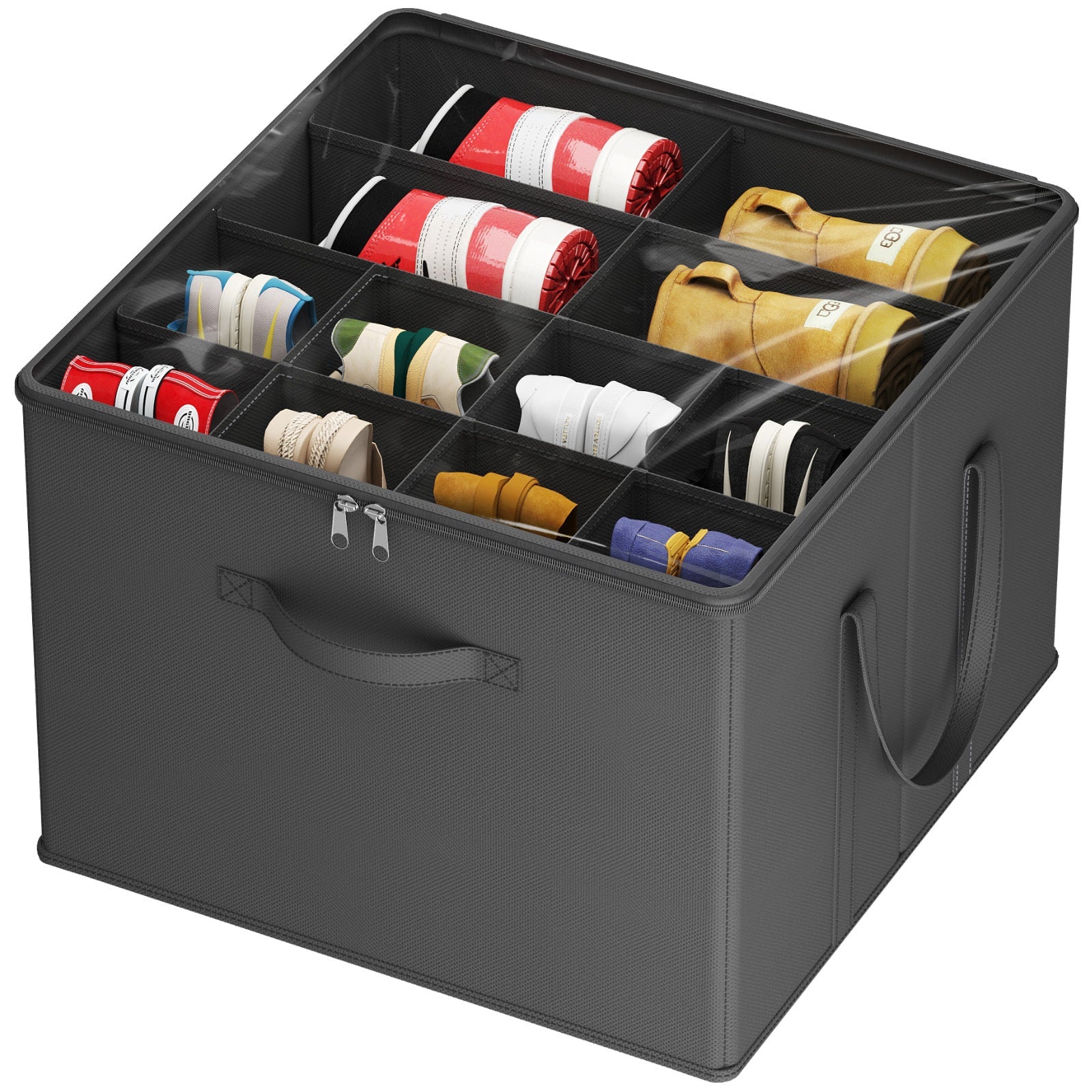 Shoe Storage Organizer with Clear Cover ¨C Foldable Shoe Box for Closet, Fits 12-16 Pairs, Reinforced Handles, Dust-Proof Non-Woven Fabric, Space-Saving Stackable Design for Boots Heels Sneakers, 1/2/3 Pack