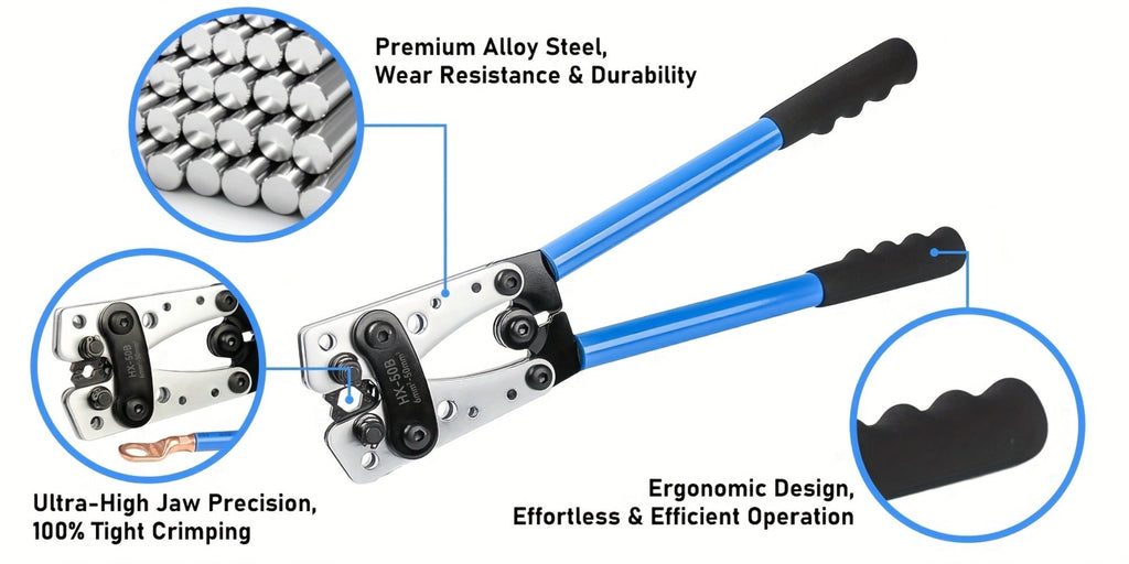 Battery Cable Lug Crimping Tool Set AWG 8-1/0 Heavy-Duty Ratchet Crimper with Copper Wire Lugs, Heat Shrink Tubing, Cable Cutter & Work Gloves for Automotive Marine Electrical Wiring