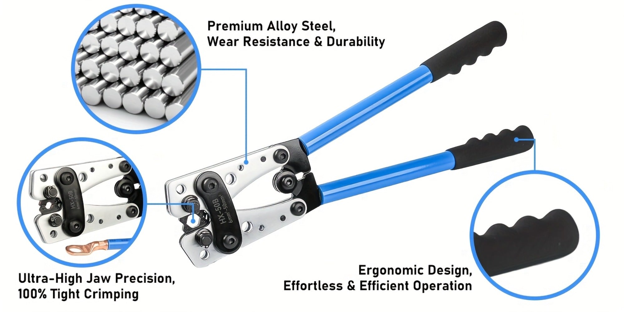 Battery Cable Lug Crimping Tool Set AWG 8-1/0 Heavy-Duty Ratchet Crimper with Copper Wire Lugs, Heat Shrink Tubing, Cable Cutter & Work Gloves for Automotive Marine Electrical Wiring