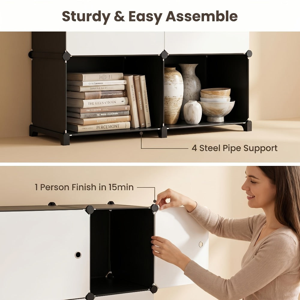 Modular Storage Cabinet with Magnetic Door, 3-Tier & 4-Tier Closet Organizer, Large Capacity Wardrobe Storage Unit, Dust-Proof Odor-Free Stackable Shelves, Easy Assembly for Bedroom Dorm Apartment Living Room