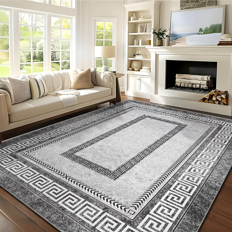 Persian Boho Area Rug - Luxury Crystal Velvet 850GSM Floral Pattern | Non-Slip Machine Washable 100% Polyester Carpet | Grey Black Marble Effect Living Room & Bedroom Rug for High Traffic Areas