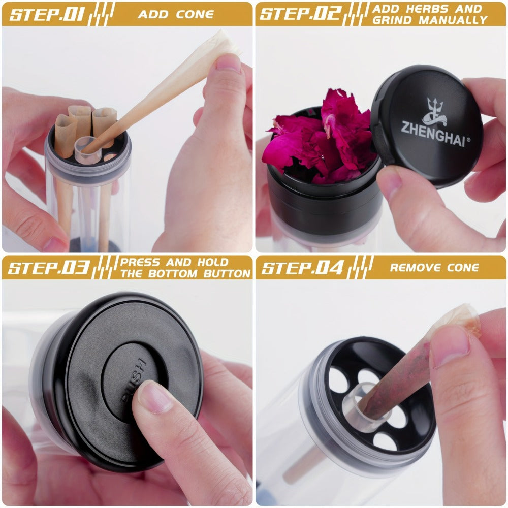 3-in-1 Zinc Alloy Spice Grinder Pre-Rolled Cone Loader 6-Hole Storage Rolling Machine Grinding Filling Storage All-in-One with Cleaning Brush Black Red Blue