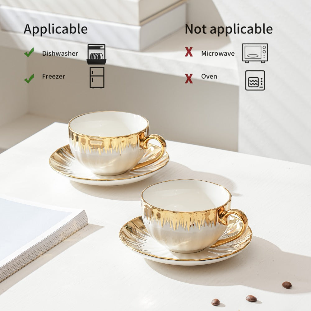 European Ceramic Coffee Cup and Saucer Set of 6 ¨C Light Luxury 8.45oz Porcelain Tea Cups with Plates | Elegant Floral Dinnerware for Wedding Mother's Day Holiday Gift