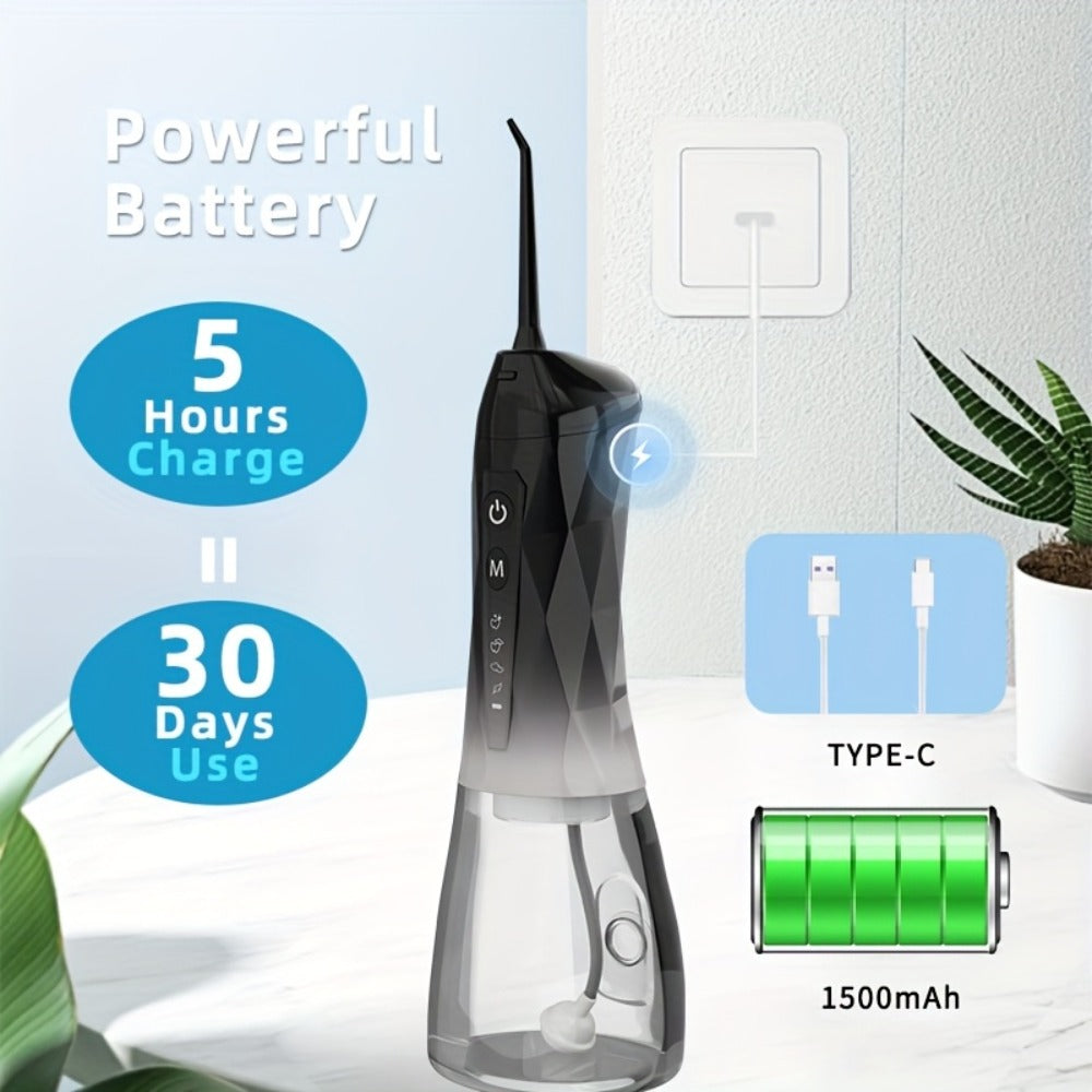 Water Flosser Portable Oral Irrigator - Type-C Rechargeable, 320ml Large Capacity, Full Body Waterproof, 4 Nozzles (3 Standard + 1 Orthodontic), Travel & Home Dental Cleaner for Adults & Braces