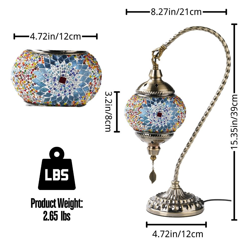 Mosaic Table Lamp Turkish Moroccan Style Handmade Swan Neck Glass Bedside Lamp 3 Color Modes LED Bulb Included Metal Base for Bedroom Living Room