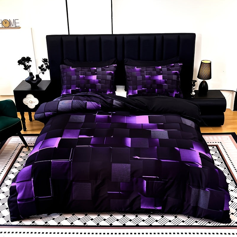 Duvet Cover Set 3 Piece Plaid Digital Print Polyester Bedding All Season Twin Full Queen King Size with Pillowcases Purple Blue Red
