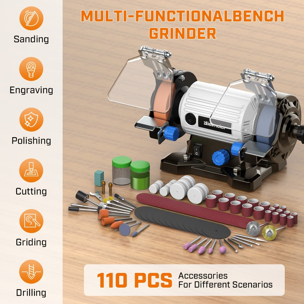 Bench Grinder 3 Inch Rotary Tool Kit 110pcs Accessories Flexible Shaft 105cm Buffer Polisher for Wood Jewelry Metal Plastic Stone Low Noise Compact 3.97LB