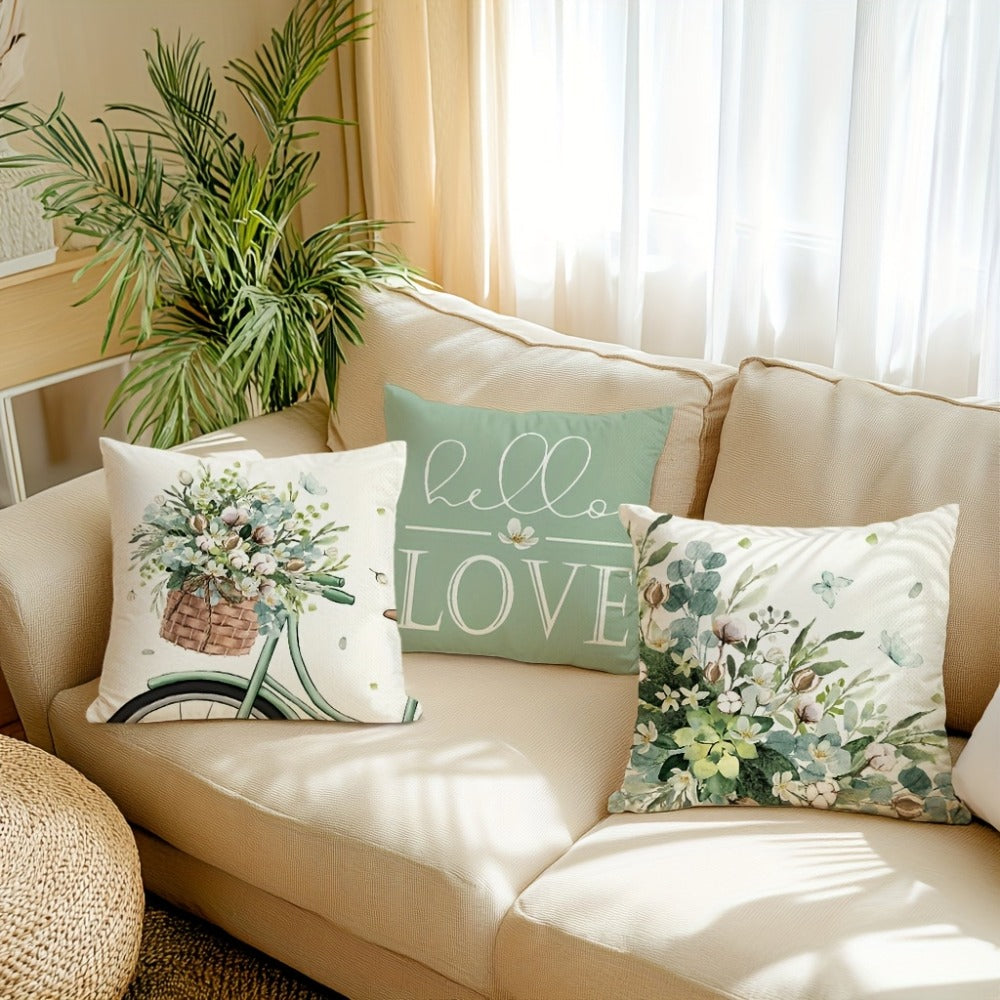 Farmhouse Eucalyptus Leaves Throw Pillow Covers 4 Pack Floral Bicycle Spring Summer Seasonal Decor Cushion Covers 18x18 Inch Rustic Holiday Pillowcases for Sofa Couch Porch Patio Living Room Outdoor