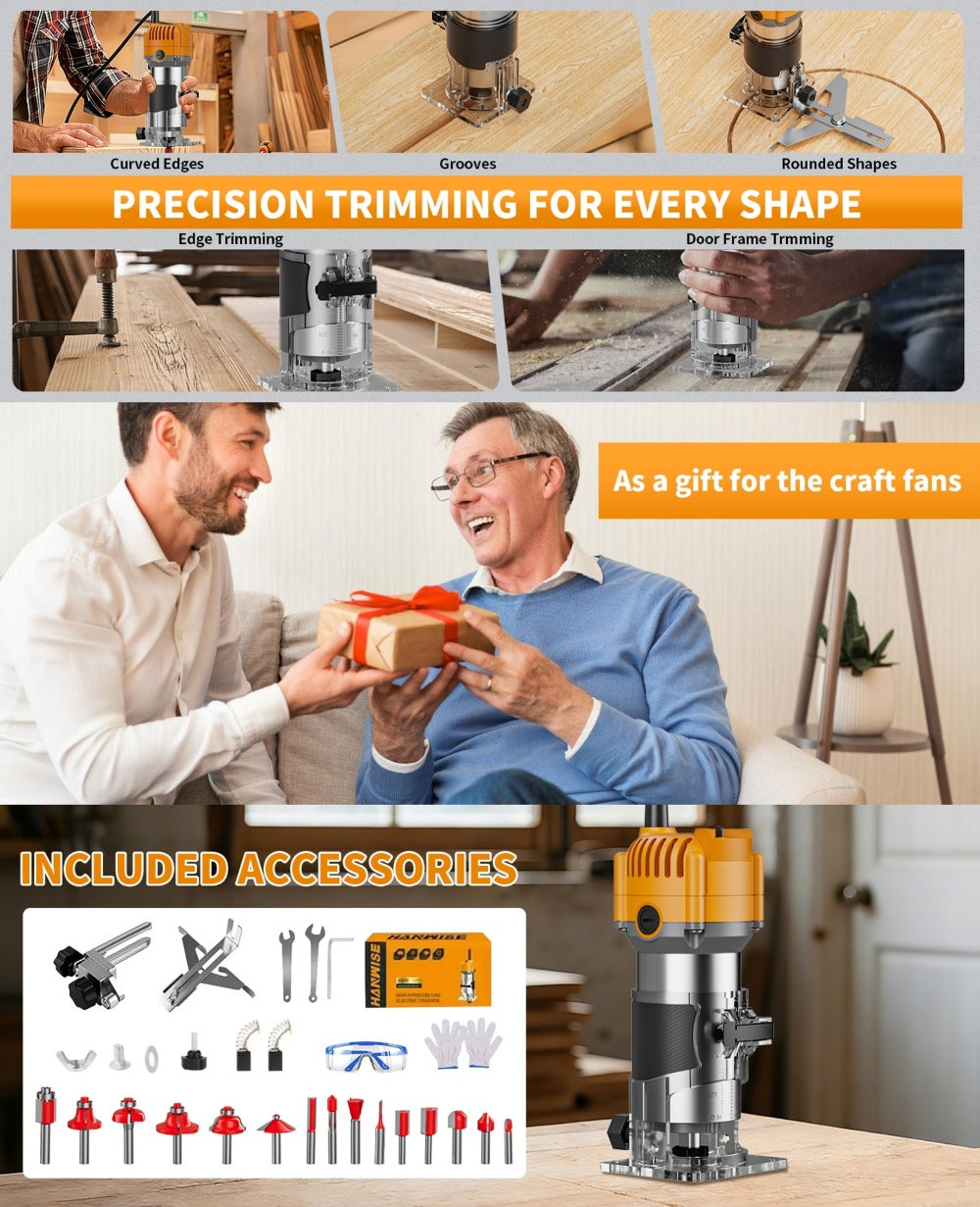 Wood Router Edge Trimmer 800W 6.1Amp Compact Hand Router Tool 35000RPM with Variable Speed, 1/4¡± Collet, Router Bit Set for Woodworking Slotting Carving Edge Treatment DIY Projects