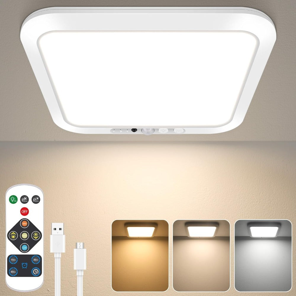 Motion Sensor Ceiling Light Rechargeable with Remote ¨C 3-Color Dimmable Wireless LED Overhead Light, No Wiring, Battery Operated for Closet, Shower, Pantry, Shed & Hallway (Round & Square, 1 or 2 Pack)