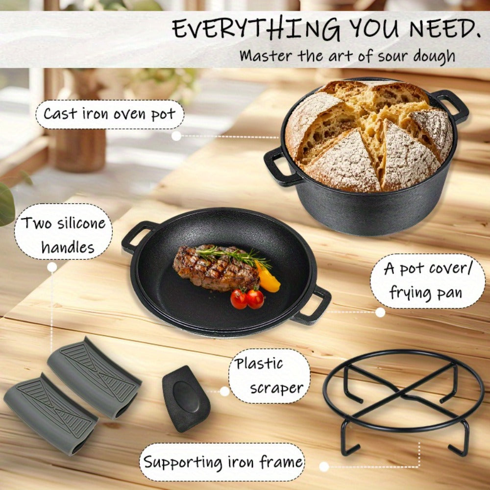 Cast Iron Dutch Oven Set ¨C 6.1QT Deep Pot + 1.9QT Frying Pot, 2-in-1 Cookware with Silicone Handles, Iron Frame & Scraper, Oven, Stovetop, Induction & BBQ Compatible, 6-Pack Bundle