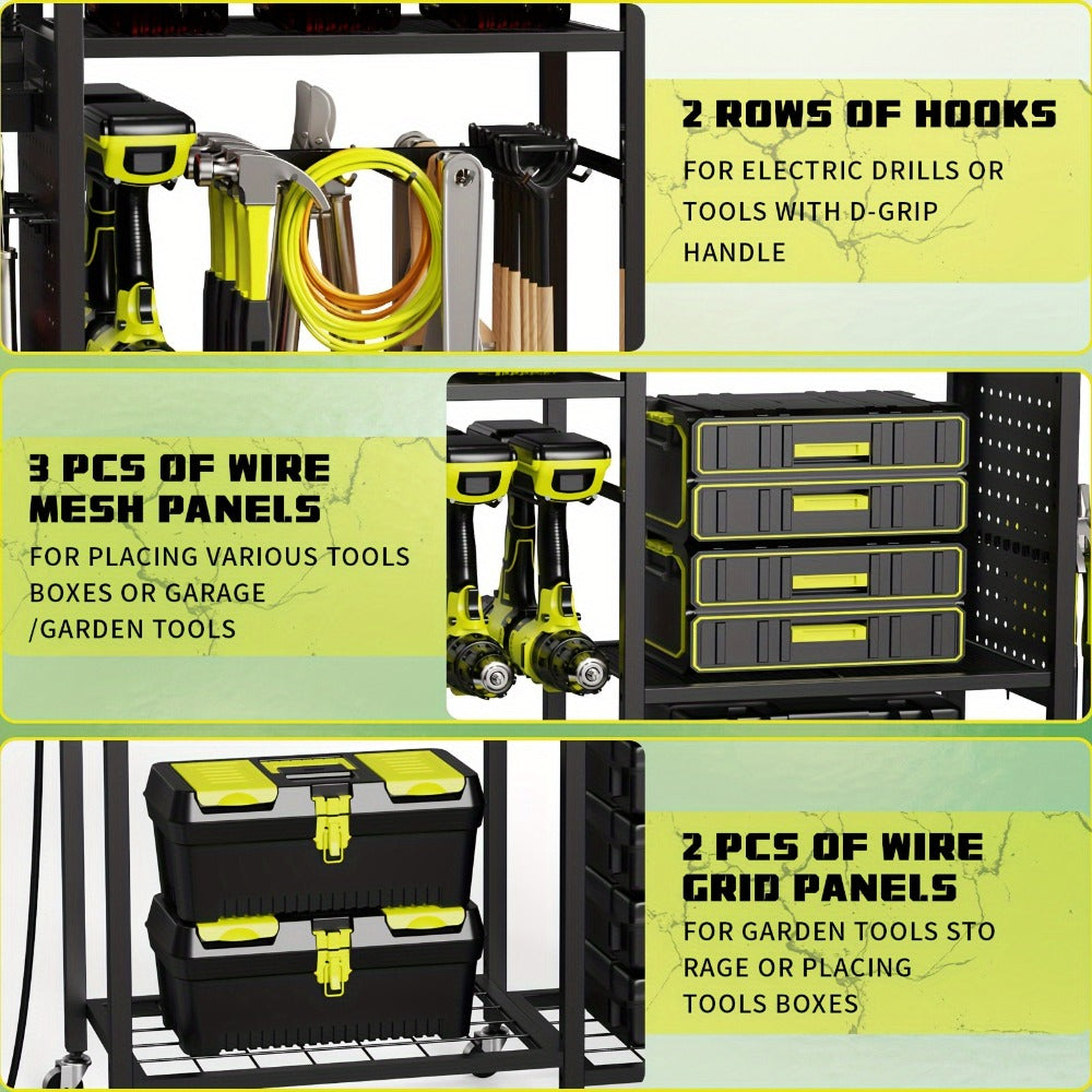 Mobile Tool Cart with Charging Station ¨C 12 Drill Holders & 5 Storage Shelves Power Tool Organizer | Rolling Utility Rack Toolbox with Battery Charging Power Strip for Garage & Workshop | 4 Colors