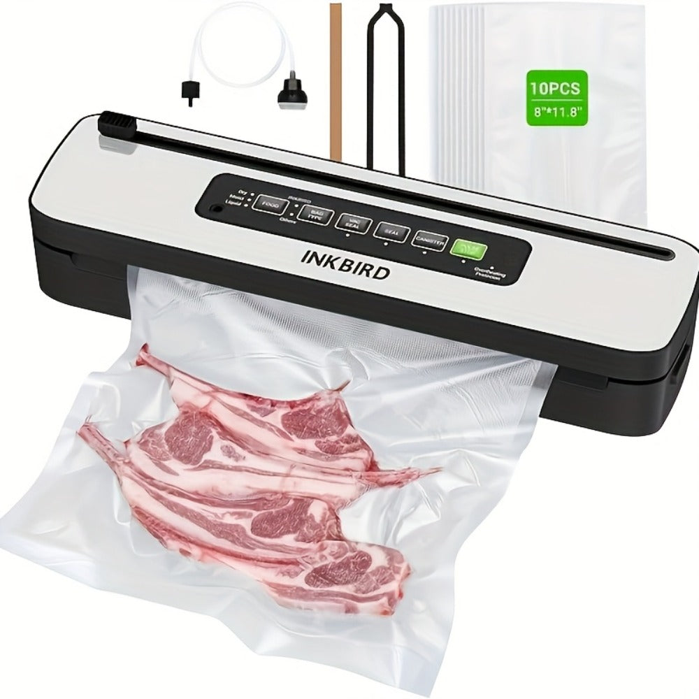 Vacuum Sealer Machine 85KPA ¨C INKBIRD 10-in-1 Food Sealer with Bag Storage, Built-In Cutter, Moist/Dry/Pulse/Liquid/Canister Modes, 200 Continuous Seals, Compact Design for Food Preservation & Sous Vide
