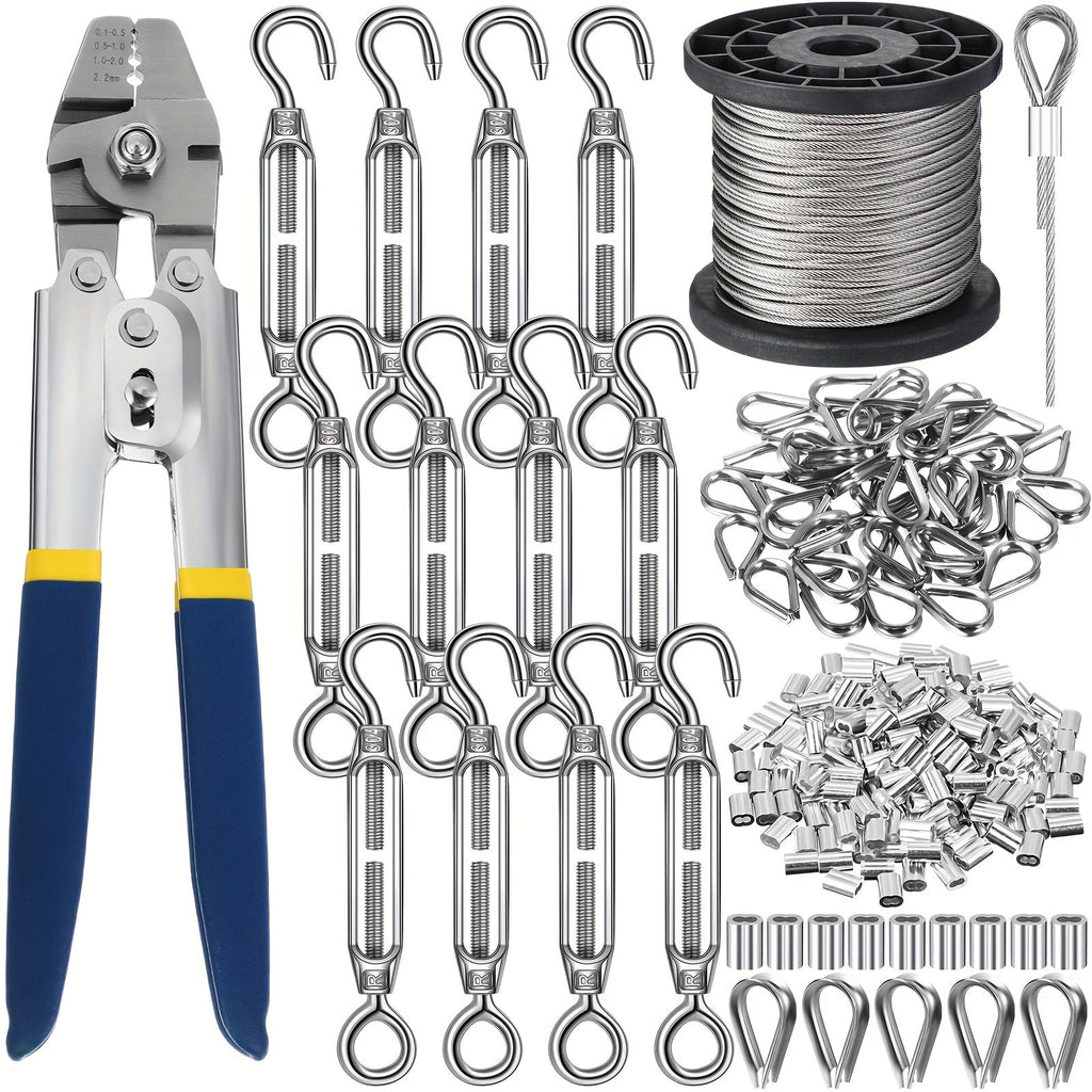 264Pcs Wire Rope Crimping Tool Kit 328ft ¨C Stainless Steel Hook Eye Turnbuckle Thimble Aluminum Crimping Sleeve for Outdoor Garden Railing String Light Hanging