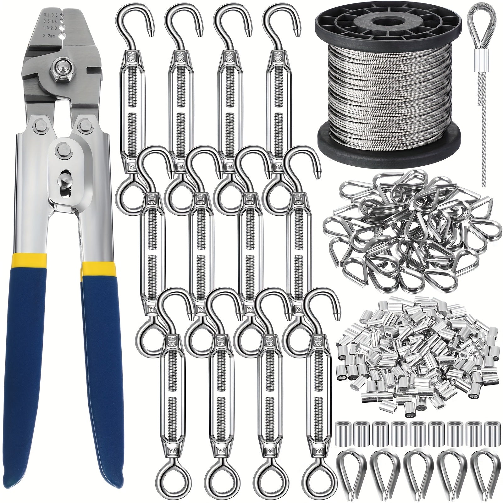 264Pcs Wire Rope Crimping Tool Kit 328ft ¨C Stainless Steel Hook Eye Turnbuckle Thimble Aluminum Crimping Sleeve for Outdoor Garden Railing String Light Hanging