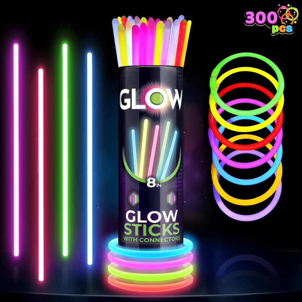 Glow Sticks Bulk 300 Pack 8 Inch Glow in the Dark Party Favors with Bracelet Connectors 7 Colors 6-Hour Glow for Halloween Christmas New Year Easter Birthday Pool Party Neon Party Supplies
