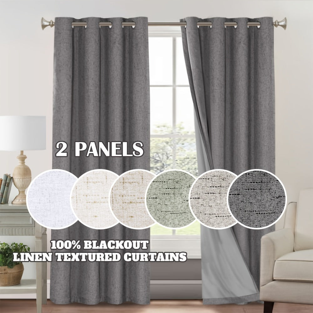 Blackout Curtains 2 Panels 100% Blackout Linen Textured Thermal Insulated Grommet Window Drapes Noise Reducing for Bedroom Living Room Hall - Full Light Blocking Room Darkening Curtains