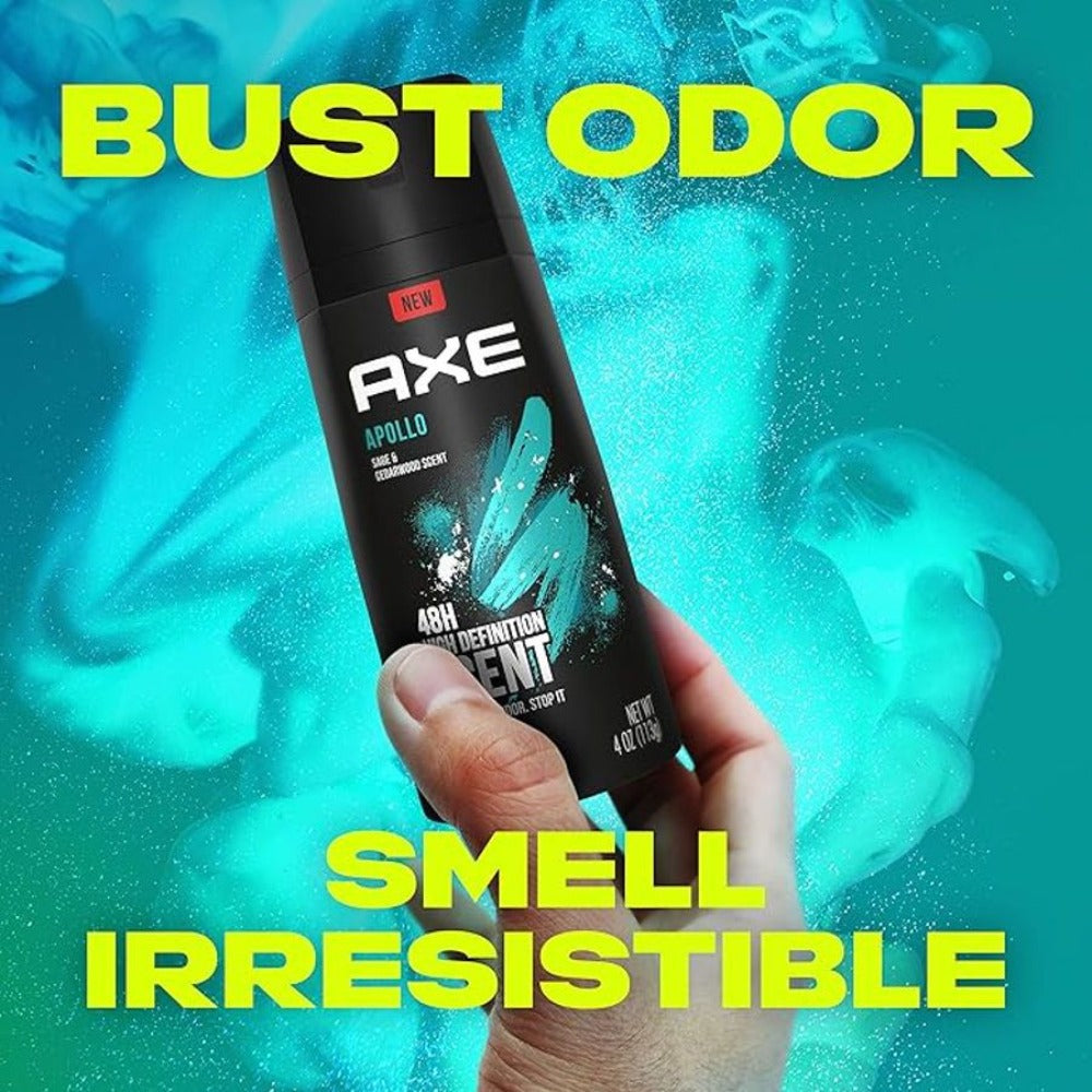 AXE Apollo Body Spray Deodorant Men Aluminum Free Long-Lasting Odor Protection Sage Cedarwood Scent 4oz 3 Count Pack Fresh Masculine Fragrance Daily Use