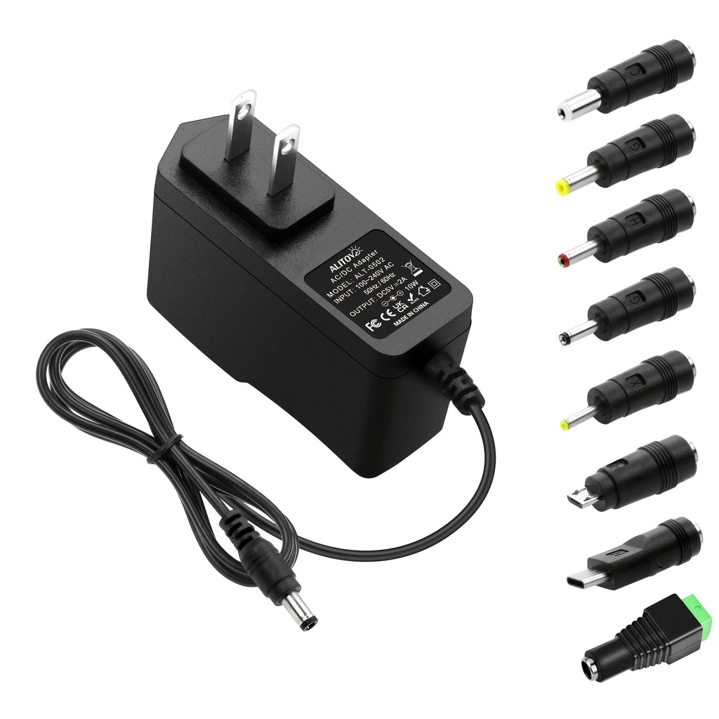 Universal 5V 2A Power Adapter 9-in-1 with 8 Tips - AC/DC 10W Power Supply Type-C Micro-USB Barrel Connectors for Router CCTV LED Strip TV Box