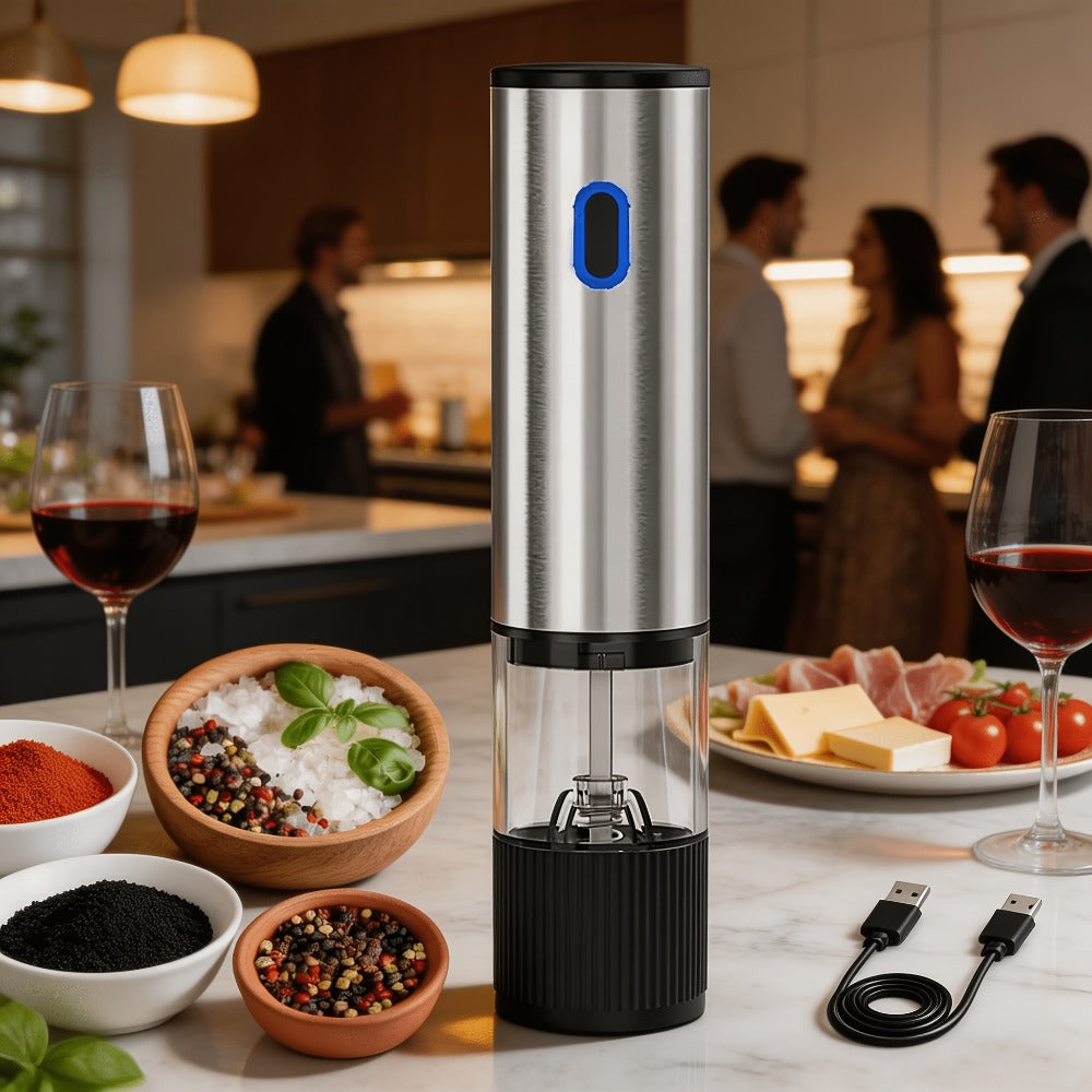Electric Pepper Grinder USB-C Rechargeable ¨C 5-Level Adjustable Coarseness, One-Hand Operation, Stainless Steel Pepper Mill with Ceramic Core for Kitchen Cooking, Outdoor BBQ & Grilling