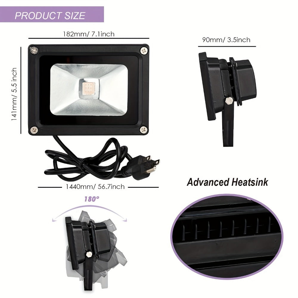 UV Black Light 10W LED Blacklight Flood Light IP44 Waterproof - 21 LEDs 385-400nm Covers 100 Sq Ft, 180¡ã Adjustable Bracket, Plug-In for Glow Party Halloween Bedroom Neon Poster Body Paint Decoration