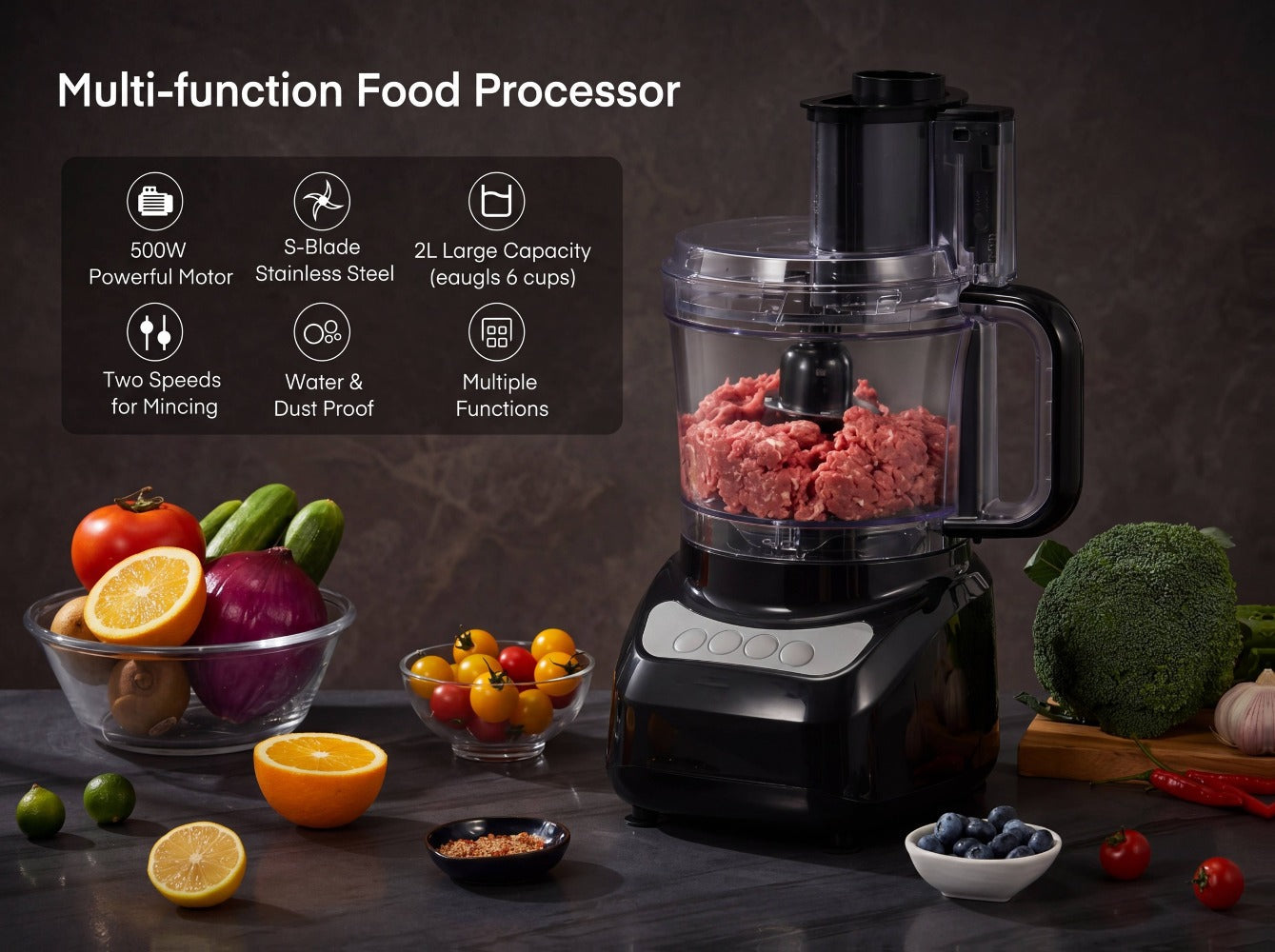 12 Cup Food Processor 6 Functions - Chopping, Slicing, Shredding, Purees & Dough, Large Capacity Electric Kitchen Food Processor for Meal Prep, Vegetables, Fruits & Baking, Black