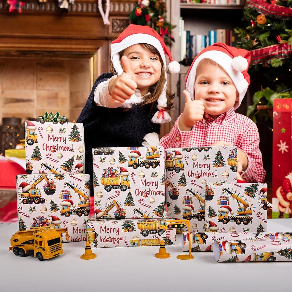 Christmas Wrapping Paper Construction Vehicles - Dump Trucks Excavators Tractors Gift Wrap for Boys Girls, 58¡±x23¡± Roll (28.5 Sq Ft)