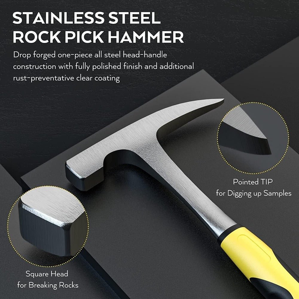Geology Rock Pick Hammer Kit 15-Piece ¨C 32oz Rock Hammer, 3 Digging Chisels, Shovel, Compass, Whistle & Musette Bag for Rock Hounding, Fossil Hunting & Gold Prospecting