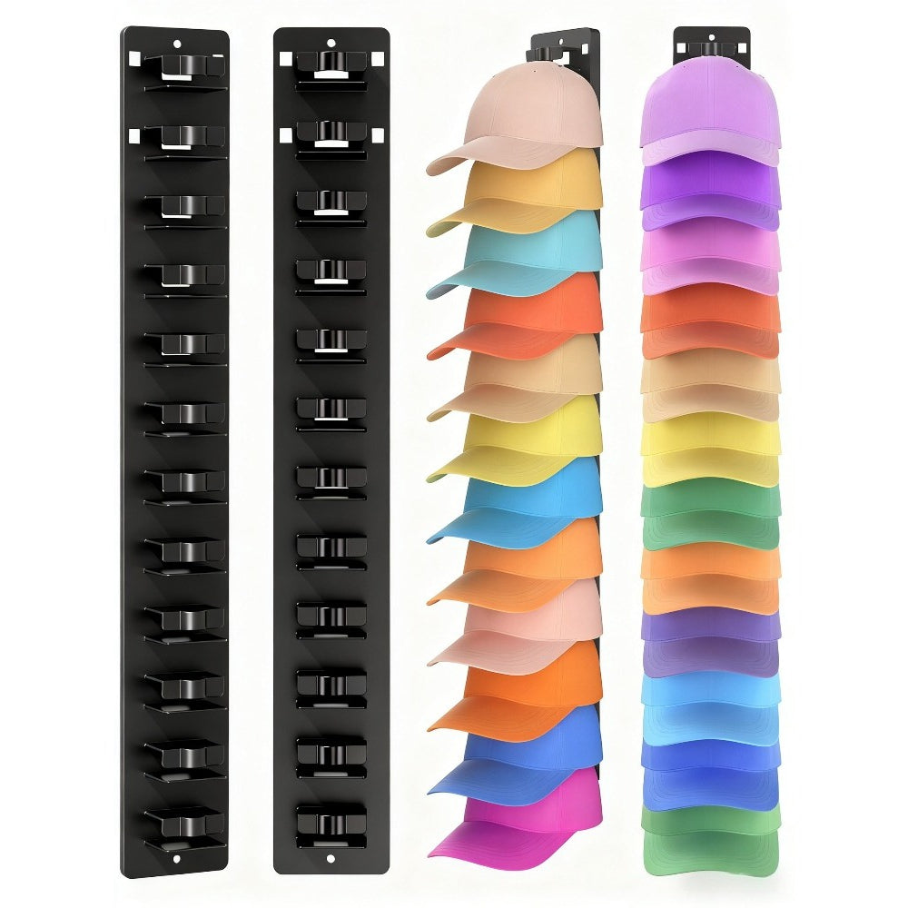 Hat Organizer Wall Mounted 2-Pack, 24-Cap Capacity Storage Hooks, Adhesive or Drill Install, Closet Entryway Bedroom Hat Rack, Durable Polypropylene, Space-Saving Vertical Display