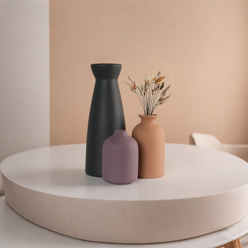 Boho Ceramic Vase Set 3pcs - Matte Nordic Minimalist Geometric Floral Design for Home Decor, Living Room, Entryway, Bookshelf & Bathroom Vanity, Modern Bohemian Decorative Vases, Holiday Gift