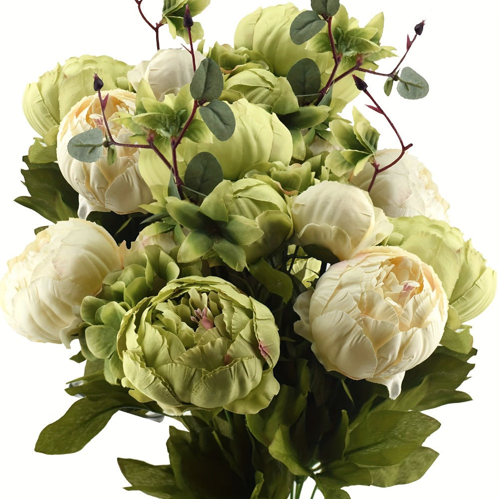 Faux Peony & Hydrangea Bouquet ¨C Vintage Artificial Flowers for Wedding Centerpiece, Bridal Bouquet, Home Decor, Rustic Beige Green Floral Arrangement for Table Vase Living Room & Event Decor