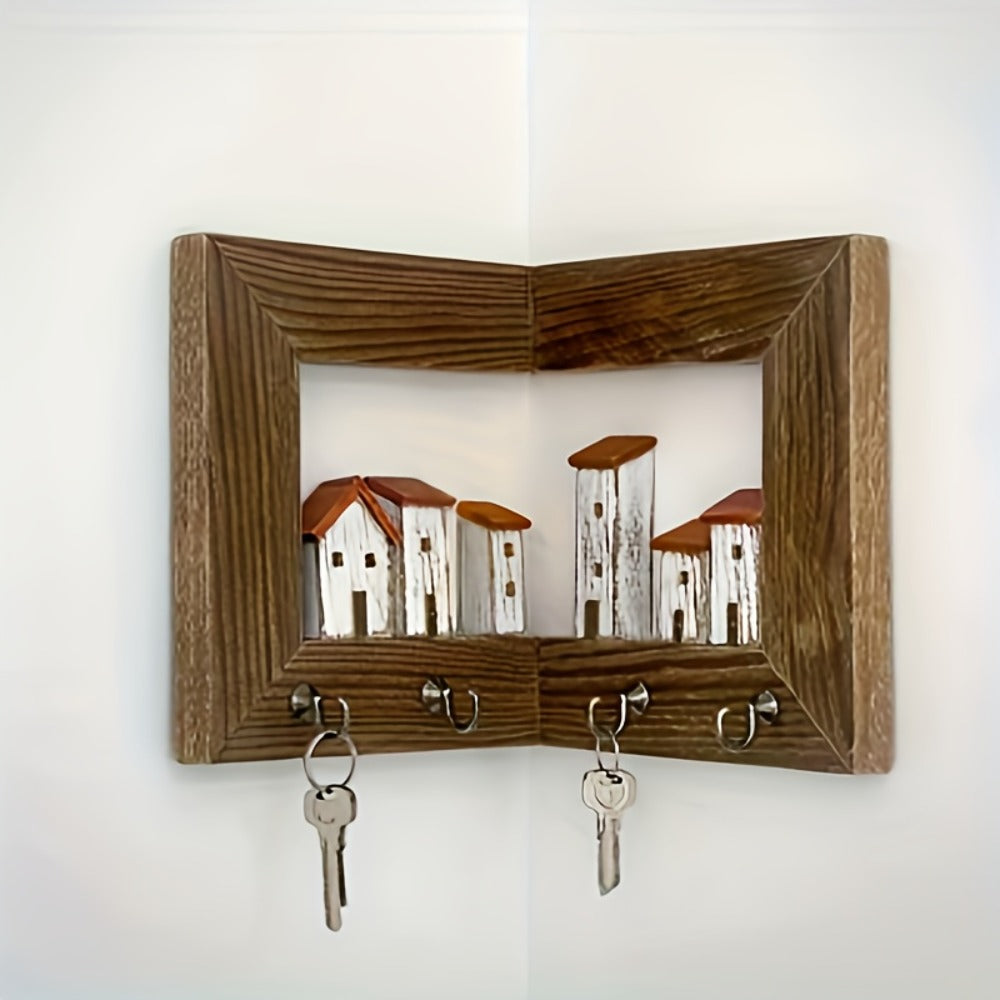 Wall Mounted Key Rack with Hooks - Rustic Wooden Key Holder with 6 House Hooks, Entryway Storage Organizer for Home Bedroom Wall Decor