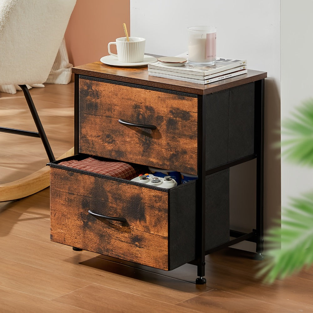 Nightstand with 2 Storage Drawers, 20¡± Bedside Table with Wooden Top & Fabric Cabinet, Steel Frame Mini Dresser for Bedroom, Dorm, Living Room ¨C 1pc or Set of 2pcs, Black White Grey Rustic Brown
