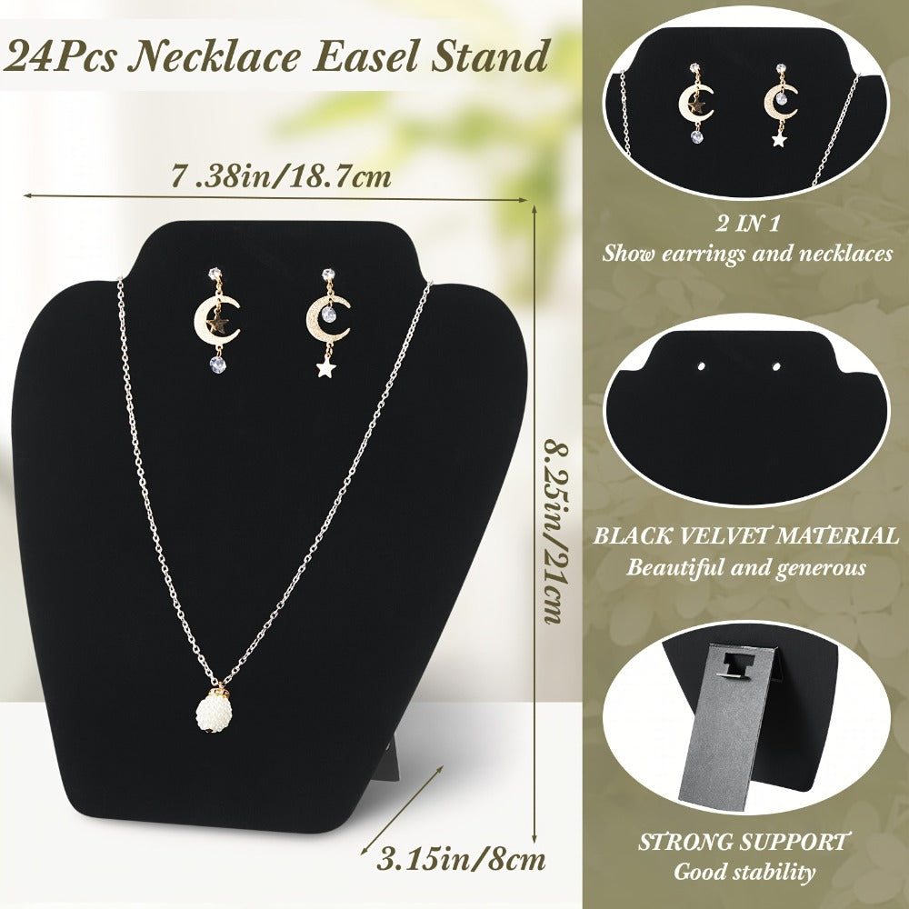 Necklace Display Stand Black Velvet 24pcs Collapsible Jewelry Easel Holder for Necklace Earrings Bracelet Home Store Jewelry Rack Tower Organizer 7.38'' x 8.25''