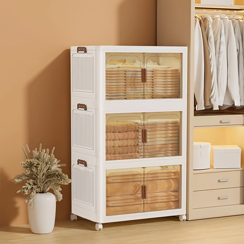 Stackable Storage Cabinet with Doors and Wheels | Collapsible Plastic Locker 1-5 Layers Large Capacity Home Organization for Bedroom Living Room Kitchen Easy Assembly Space Saving