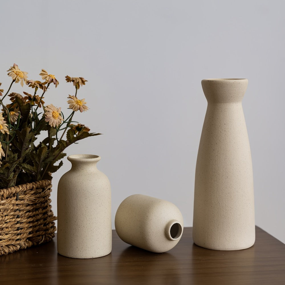Boho Ceramic Vase Set 3pcs - Matte Nordic Minimalist Geometric Floral Design for Home Decor, Living Room, Entryway, Bookshelf & Bathroom Vanity, Modern Bohemian Decorative Vases, Holiday Gift