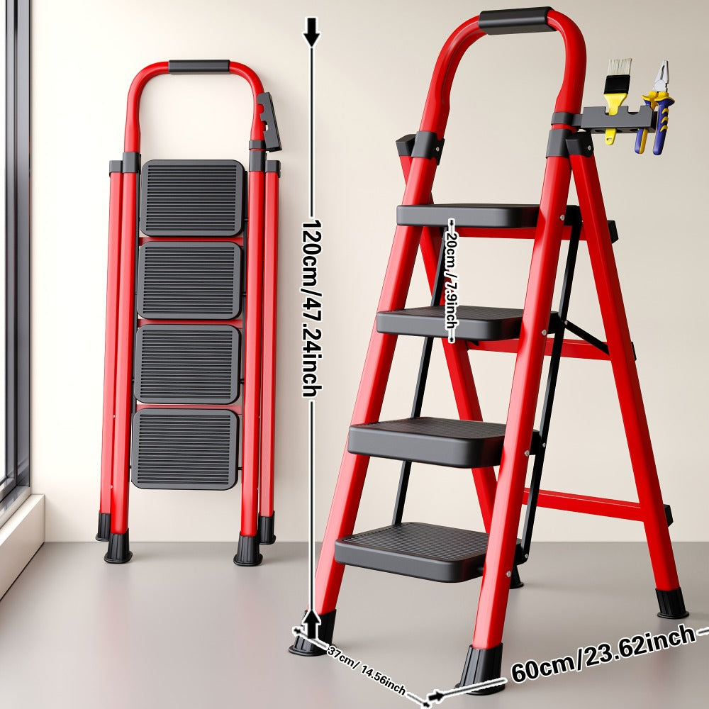 Folding Step Ladder 3 5 Step 500 lb Heavy Duty Steel Anti-Slip Wide Treads Handrail Safety Lock Portable Multi-Function Step Stool for Home Kitchen Garage Outdoor Black Red