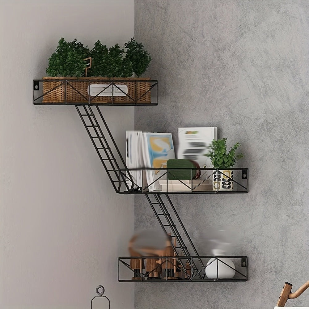 Wall Mounted Staircase Shelf with Hooks, Multi-Level Iron Storage Rack Floating Shelves for Bedroom Living Room Kitchen, Contemporary Metal Wall Organizer Home Decor Display