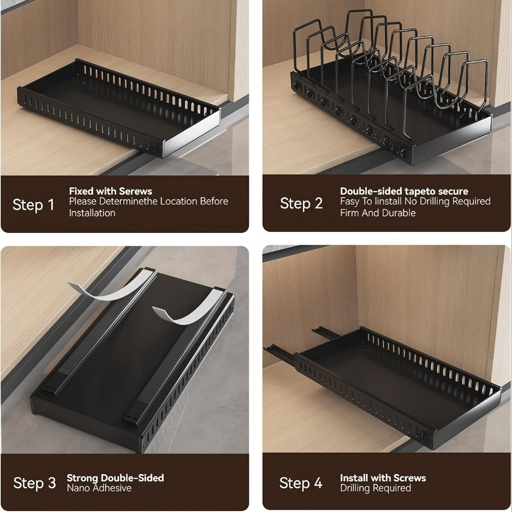 Pull Out Pot Lid Organizer Rack 2pcs Under Cabinet Pots and Pans Organizer, 8 Adjustable Dividers Slide Out Kitchen Cabinet Cookware Baking Sheet Holder, Drill-Free Easy Install