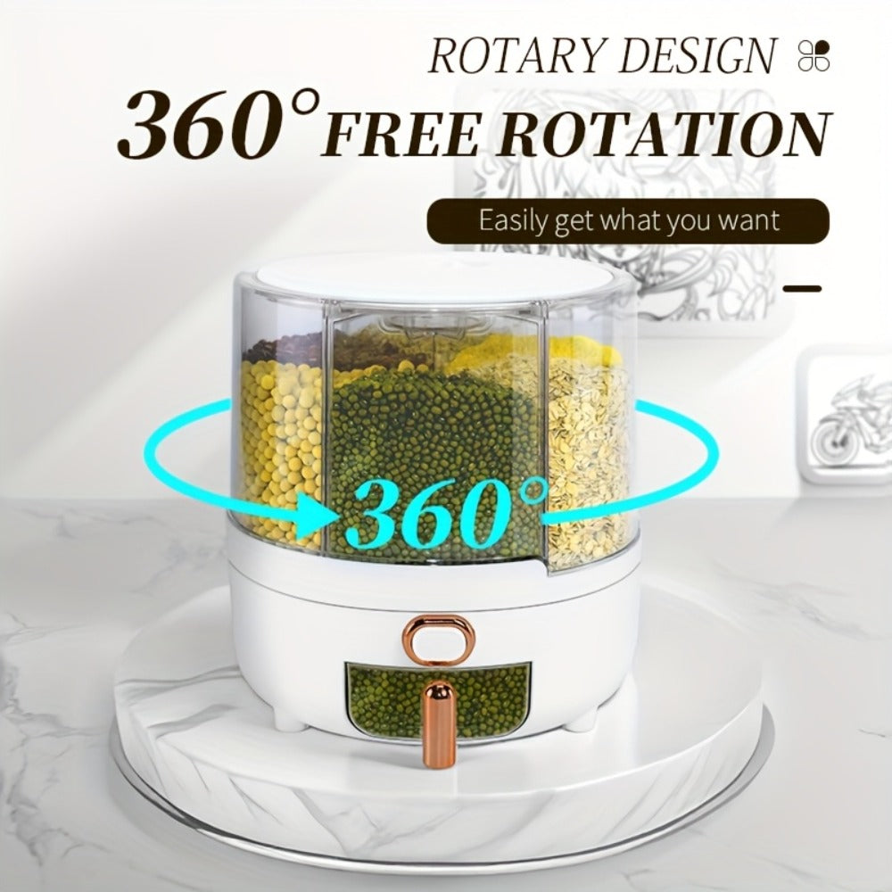 Rice Dispenser 360 Rotating 6 Compartment Grain Storage Container - Airtight Moisture Proof with Transparent Window, Food Grade PP, Large Capacity for Rice Cereal Flour and Pet Food, Medium 13lb or Large 22lb