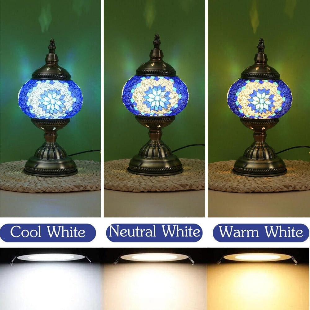 Turkish Moroccan Mosaic Table Lamp Handmade Crystal Glass Spherical Shade 3-Color Adjustable Bedside Night Light Metal Base Bulb Included for Bedroom Living Room Boho Home Decor Gift