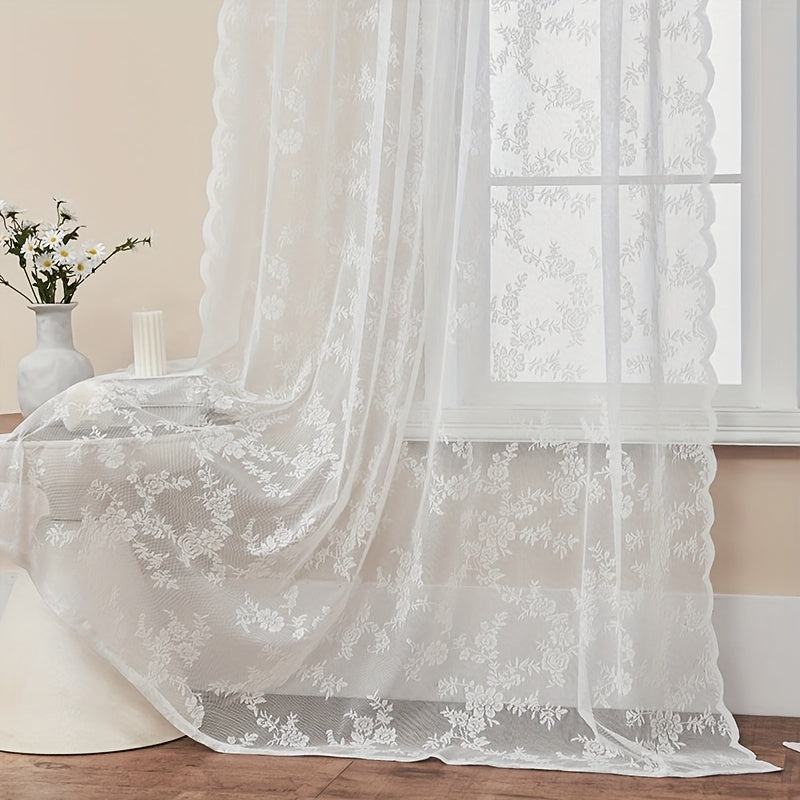 Sheer Lace Curtains 2 Panels Bohemian Floral Semi-Transparent Rod Pocket Window Curtains for Living Room Bedroom All Seasons
