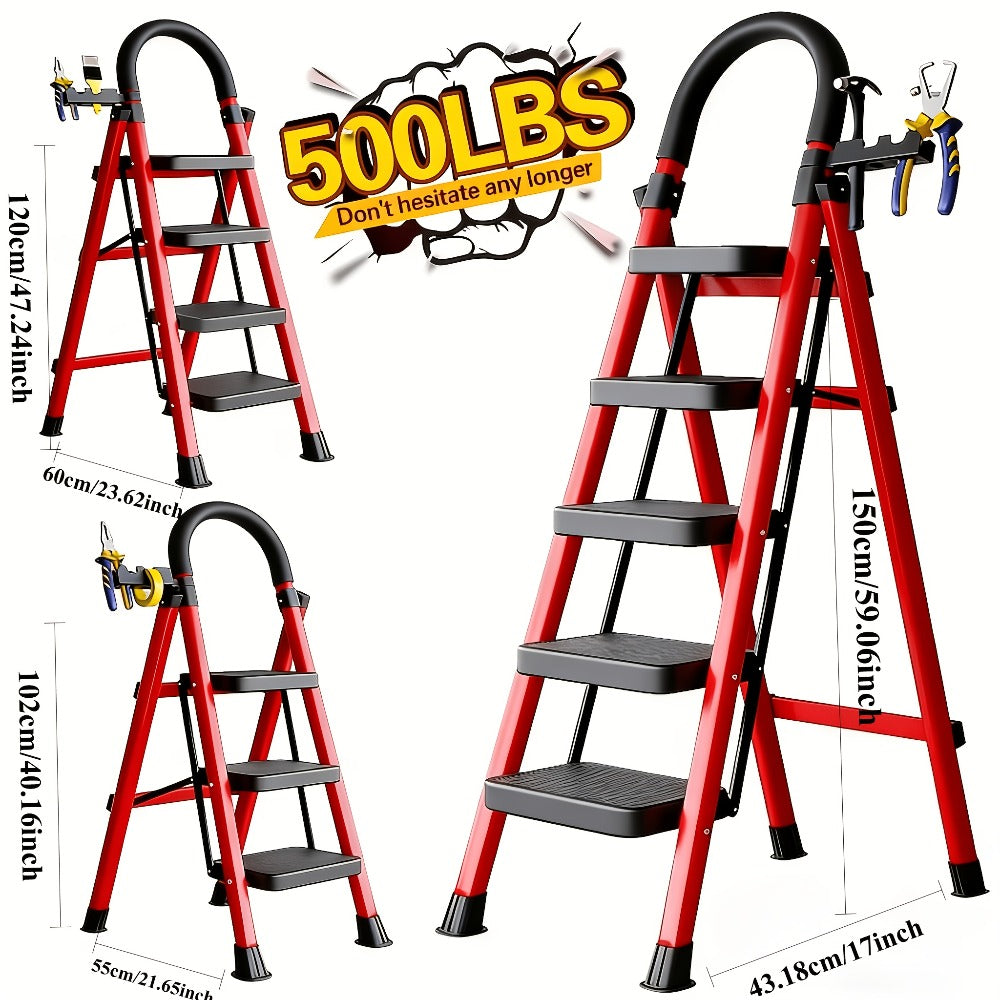 Folding Step Stool Ladder 500lbs Heavy Duty Steel with Anti-Slip Wide Treads & Handrails ¨C Safety Lock, Portable Multi-Step Ladder for Home, Kitchen & Outdoor Use, Mini / Medium / Large