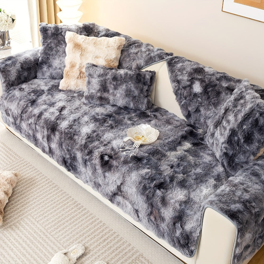 Plush Sofa Cover Faux Lamb Thick Fluffy Couch Slipcover Pet Friendly Machine Washable Gradient Color Polyester Furniture Protector for Armchair Single Double Triple Sofa Living Room Home Decor