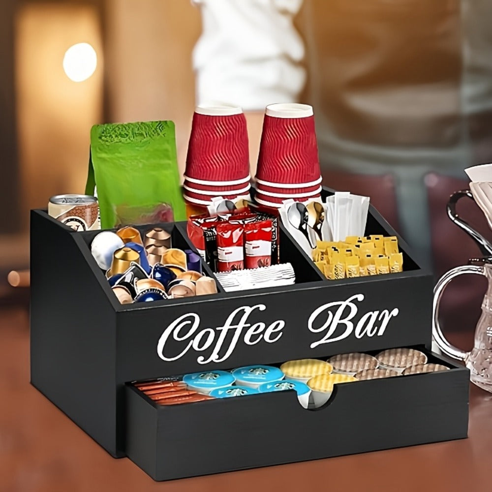 Coffee Bar Organizer with Drawer | Wood Countertop Coffee Station Organizer | 5-Compartment K-Cup Pod Holder Tea Condiment Storage | Rustic Farmhouse Coffee Bar Decor for Kitchen Counter