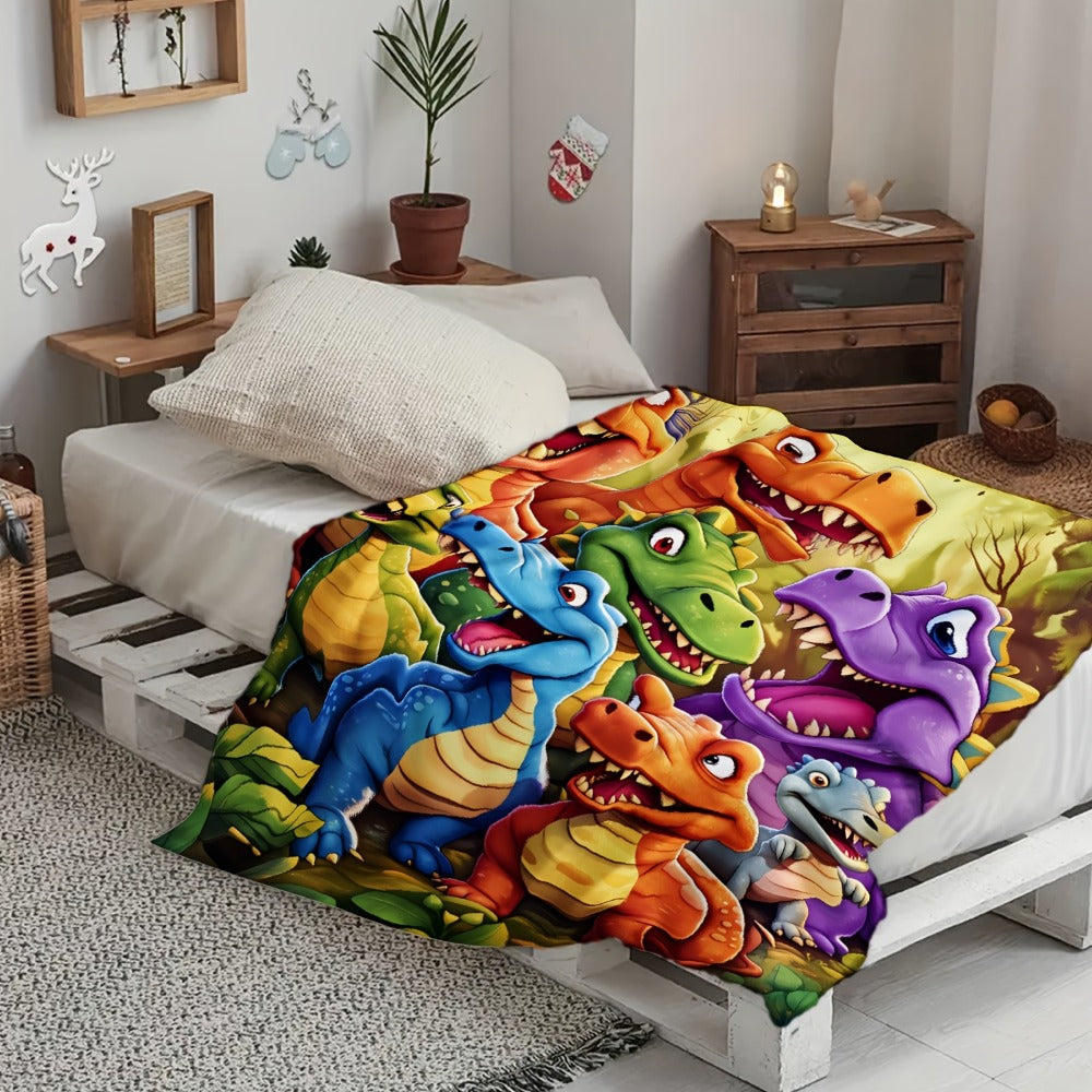 Dinosaur Print Flannel Throw Blanket ¨C 250-300gsm Soft Lightweight Cartoon Dino Blanket for Kids, Couch, Bed & Travel, 5 Sizes