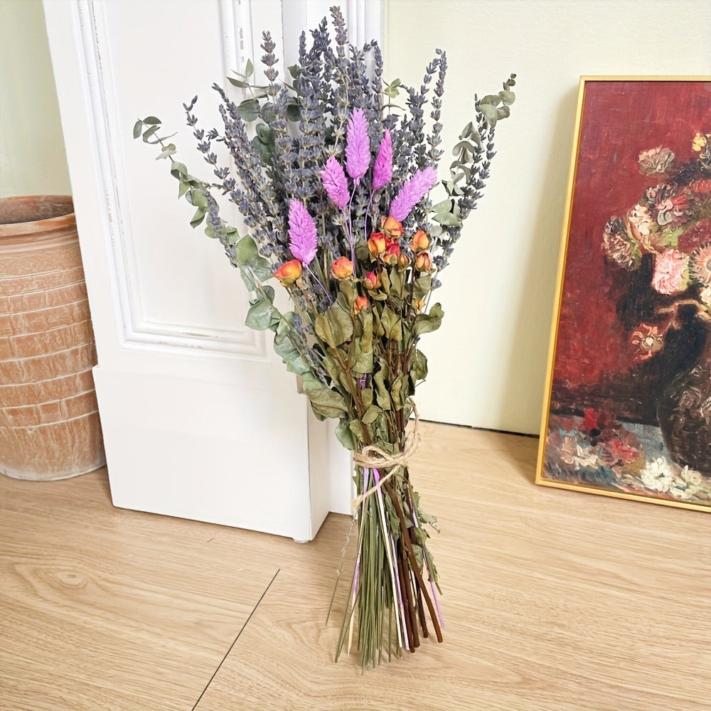 Dried Lavender Bouquet 65 Stems with Eucalyptus Dried Rose Bunny Tails Lilac Pink Purple Flowers for Vase, Fragrant Wedding Decoration Home Decor Spring Gift for Her