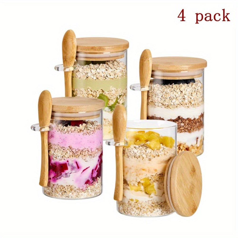 Overnight Oats Jars with Bamboo Lids & Spoons, 500ml Glass Meal Prep Containers ¡ª Dessert Bowl Set for Chia Pudding, Salad, Cereal, Yogurt & Sourdough Starter | 4 or 6 Pack